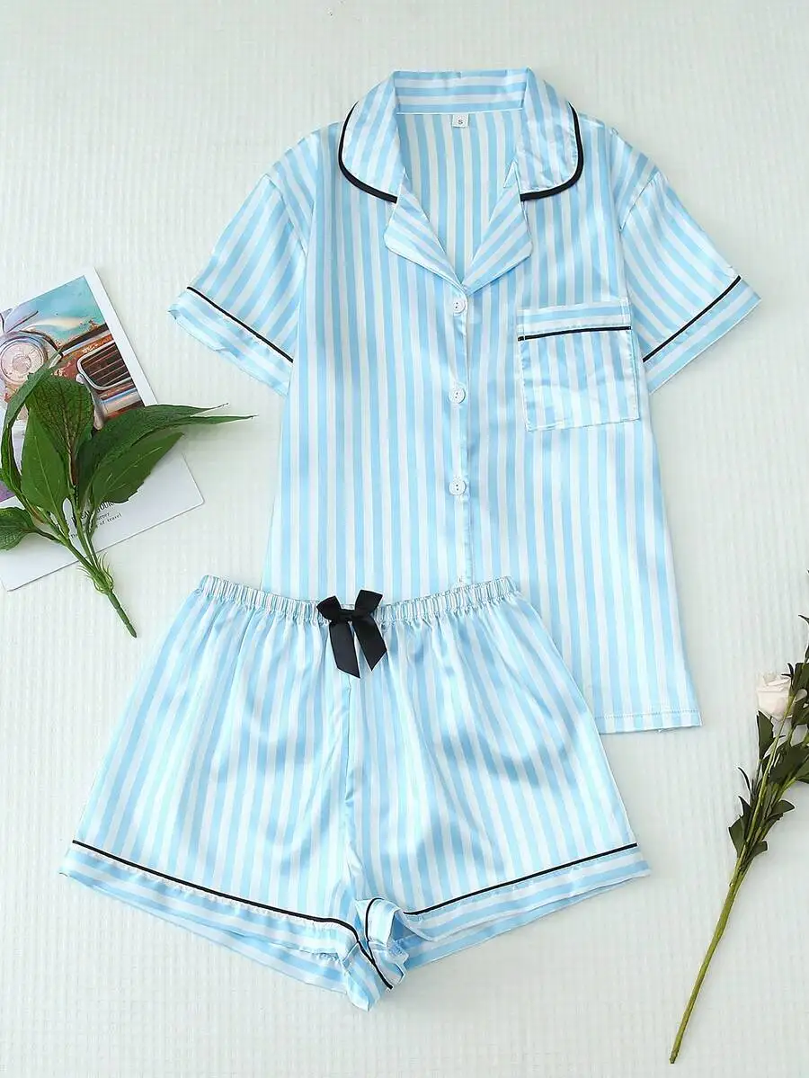 2pcs Satin Women Sleepwear Set Short Sleeve Turn-Down Collar Top Striped Bow Tie Shorts Summer