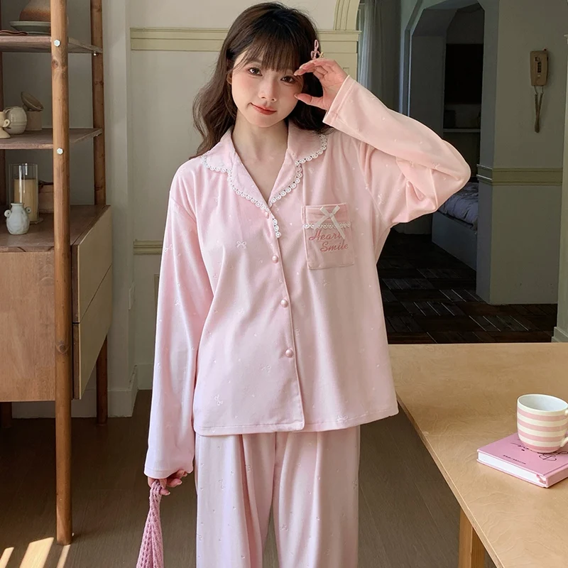

2025 Autumn Long Sleeve Gold Velvet Print Pajama Sets for Women Korean Cute Lace Sleepwear Pyjama Pijama Mujer Homewear Clothes