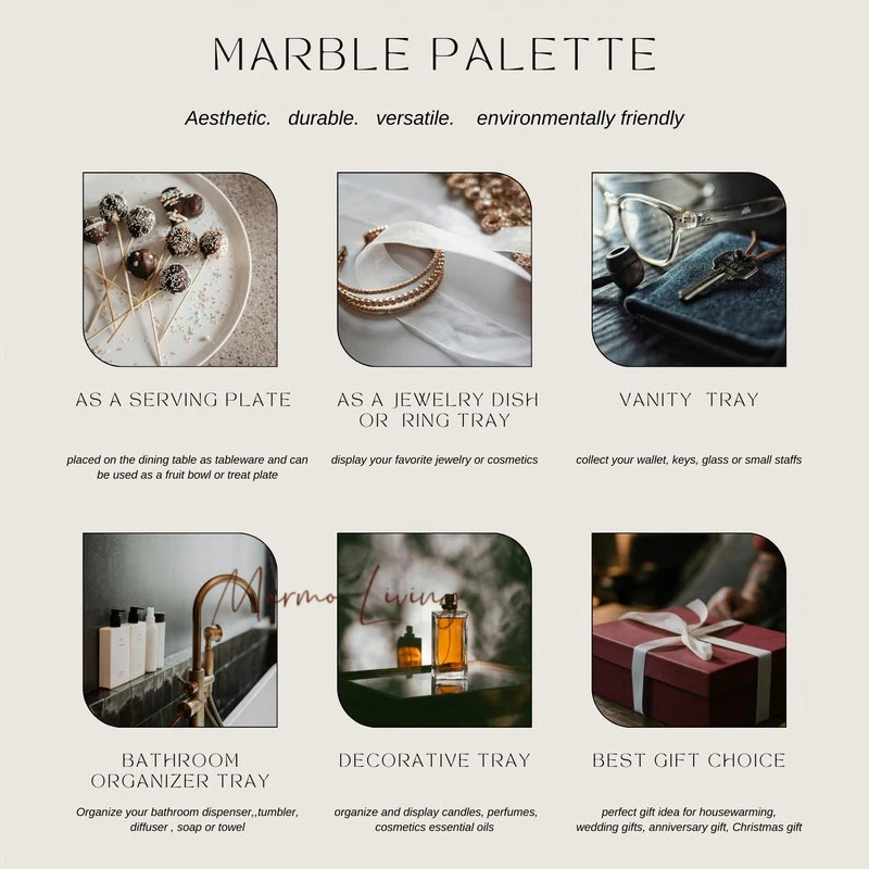 Luxury Marble Tray with Gold Handles and Trim, Vanity Tray for Jewelry Display, Serving Tray for Counter Dresser Nightstand Desk