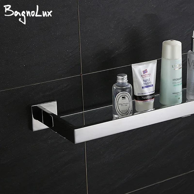 Classical Design Chrome Glass Shelf Premium Quality Stainless Steel with Hanging Bar Wall Mounted Fixture Bathroom Toiletries