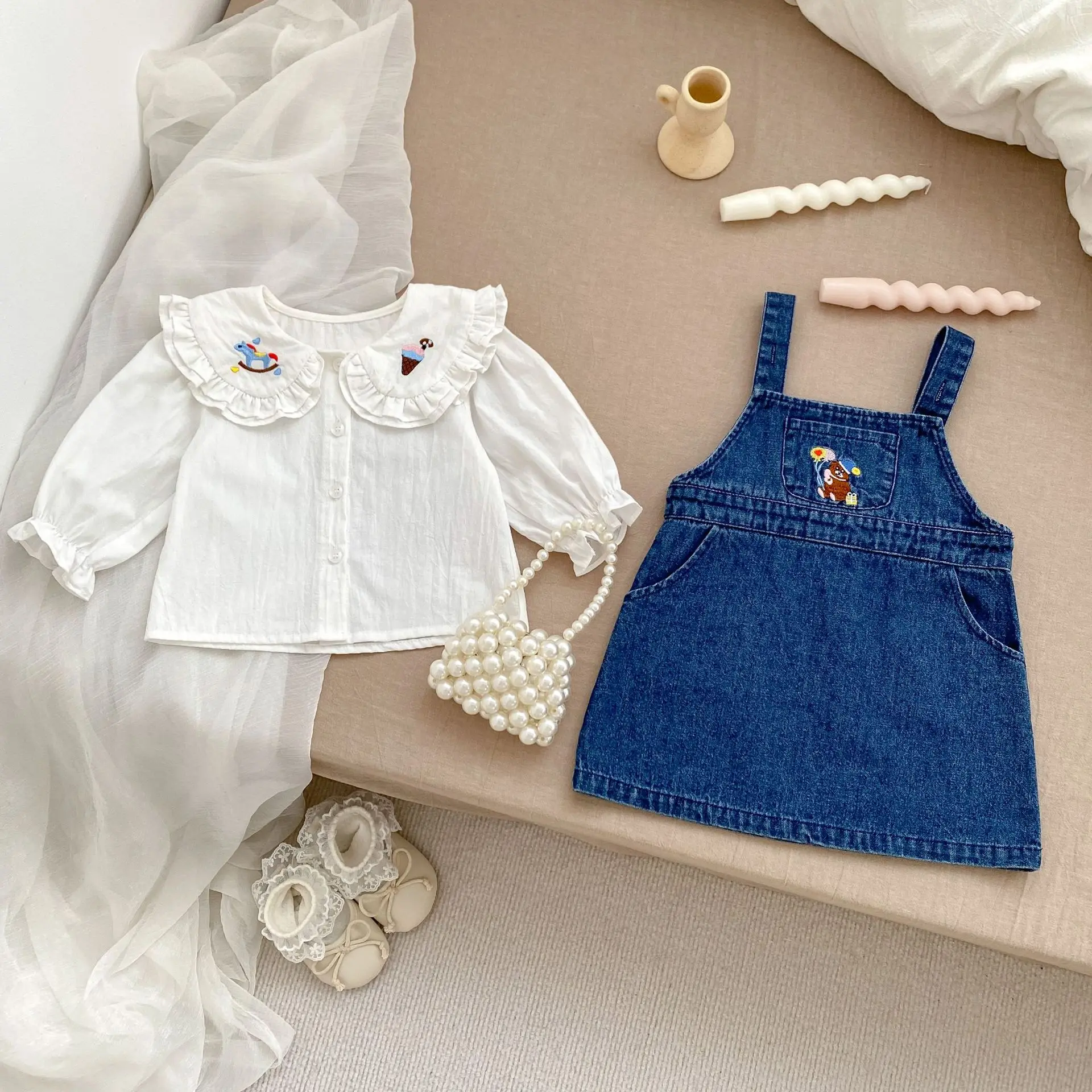 MILANCEL Girls Denim Suspenders Dresses 0-5Y 2024 Autumn New Kid\'s Cartoon Embroidery Shoulder Strap Dress Optional Shirt