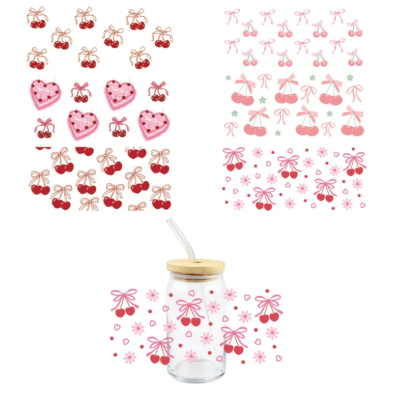 Cherry Bow UV DTF Wrap Transfer Stickers Cute Fashion Design Waterproof Wrap For Glasses Cups Mugs DIY Decal