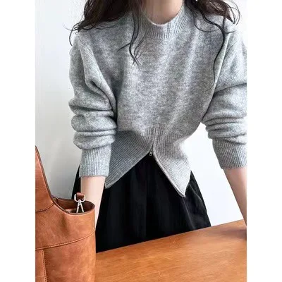 Cinched Waist Sweater for Women Pullovers Long Sleeve Mock Neck Plain Knitted Jumper with Zip Front Trendy Fall Winter Outfit