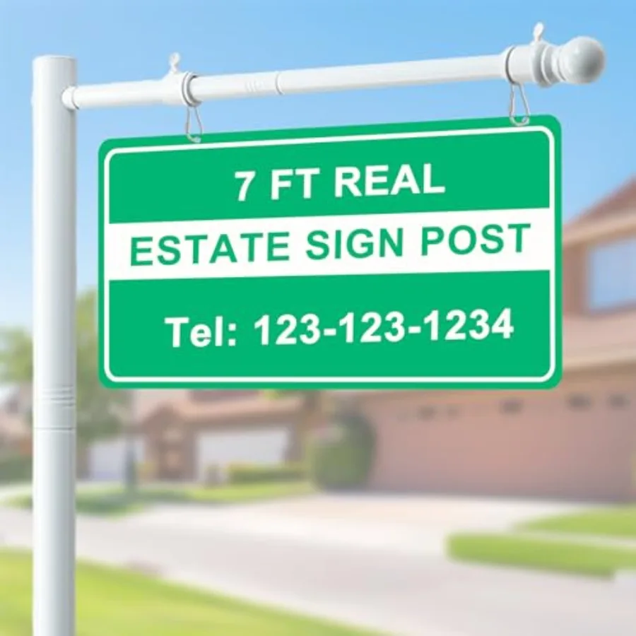 

7 Feet Real Estate Sign Post - Heavy Duty Metal Yard Sign Holder with Adjustable 32" Arm Sturdy Stakes for Outdoor Realtor and