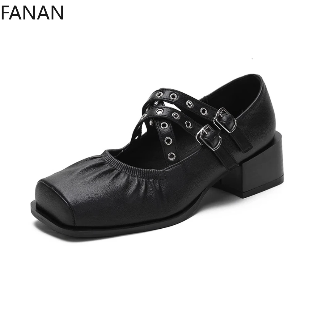 

Flats Punk Crossbuckle Ballet Shoes Women's Platform Black Mary Jane Heels Square Head Waterproof Lightweight Mid Heel Pumps