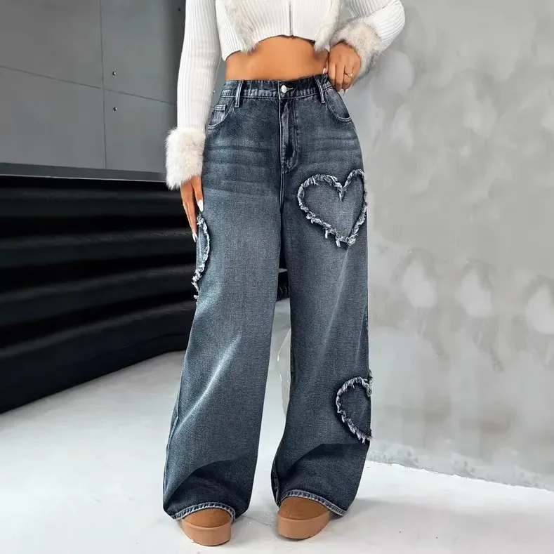 Europe, America, Street Retro Love Rough Edge Splicing Washed High Waist Loose Wide Leg Jeans Women, Cotton