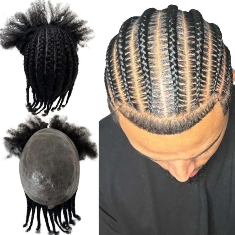 

Brazilian Virgin Human Hair Replacement 1# Jet Black Color Cornrow Braids Unit 8x10 Full PU Toupee for Black Men