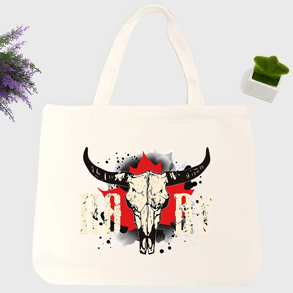Men's skull and flame graphic canvas tote bag, vintage style for casual daily use and weekend outings