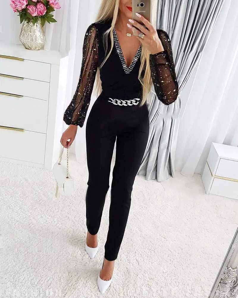 Deep V Neck Mesh Long Sleeve Jumpsuit One Piece Overall Women Black Elegant Rhinestone Chain Glitter Party Night Sexy Bodysuits