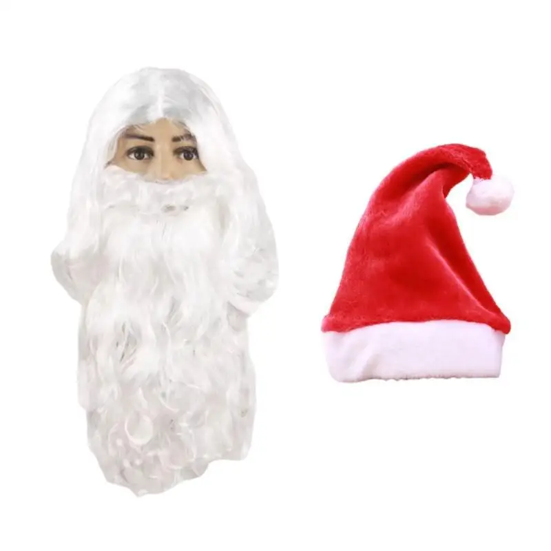 Santa Claus Cosplay Wig and Beard Accessories Halloween White Fluffy Curly Hair Wig and Red Xmas Hat Party Decor Family Shooting