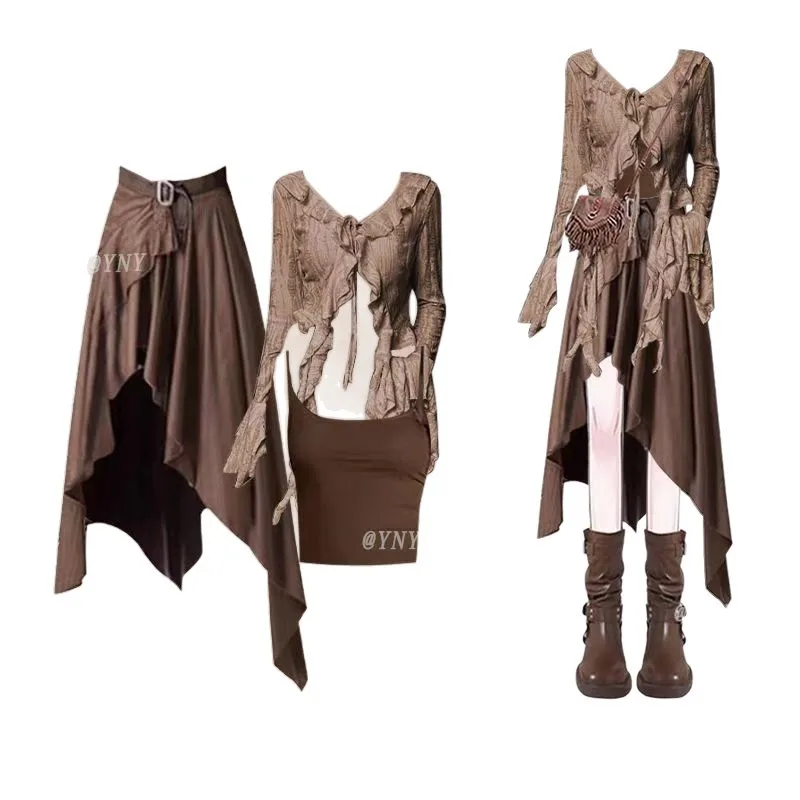 Spring and Autumn Retro Fashion Korean Edition Three Piece Set with Strap Long Sleeve Cardigan Tank Top Half Skirt Set - Image 6
