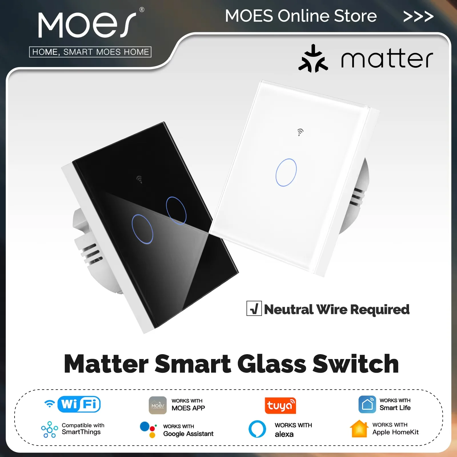 MOES Matter Tuya WiFi Smart Light Switch Glass Touch Control Fireproof Neutral Wire Required With Alexa Google Home HomeKit
