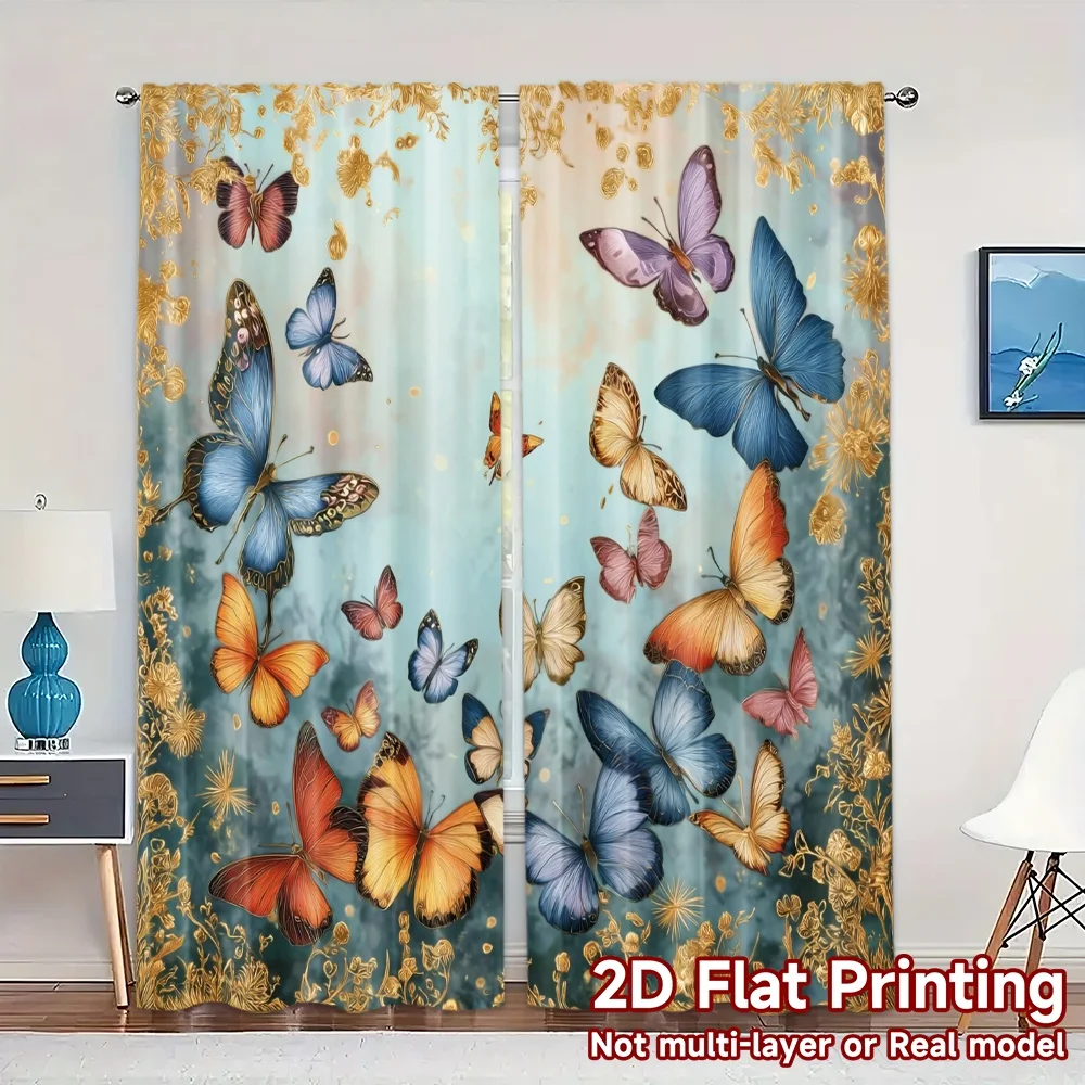 2pcs, 2D FLAT PRINTING Curtains (Without Rod) ButterflyDance Chic Light Filtering Curtains Durable Polyester Curtains Art Deco