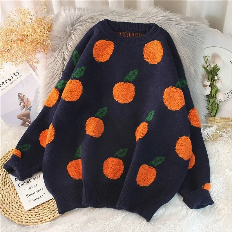 

Women Retro Elegant Street Jumpers Warm Sweaters Winter Spring Female O-Neck Loose Cartoon Casual Pullovers Korean Style