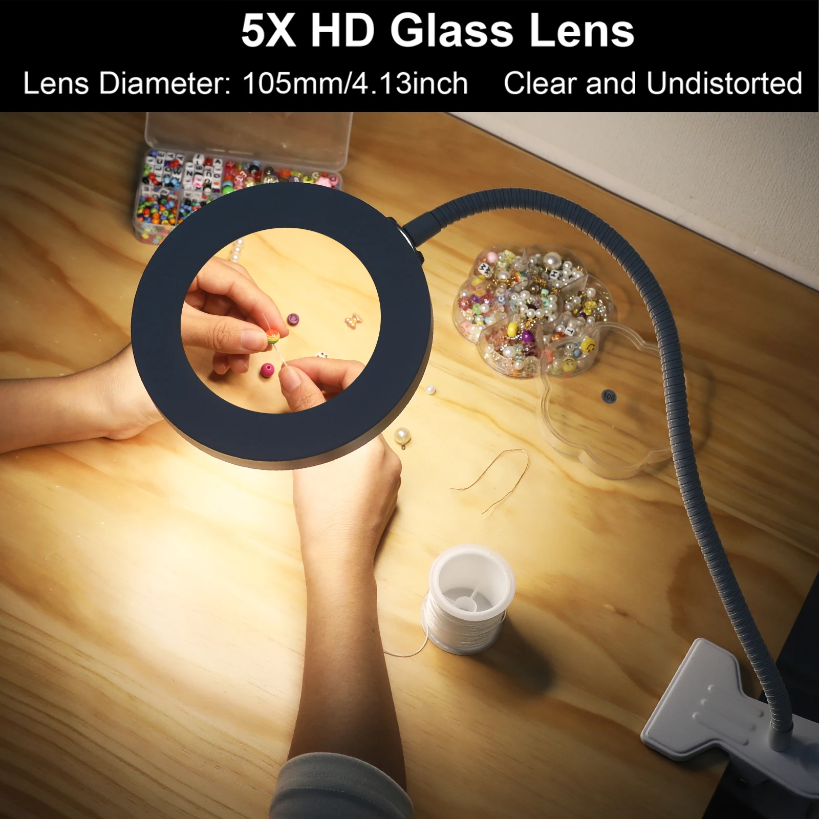 3X-5X Flexible Magnifier USB 3 Colors Lamp Clip-on Table Top Desk LED Reading Large Lens Illuminated Magnifying Glass for Home