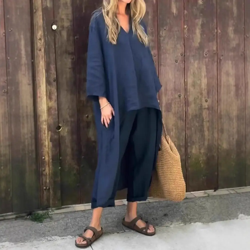 

Women's Two Piece Outfits Long Sleeve Irregular Pullover V Neck Top And Wide Leg Pants Set Summer Casual Lounge Matching Suit