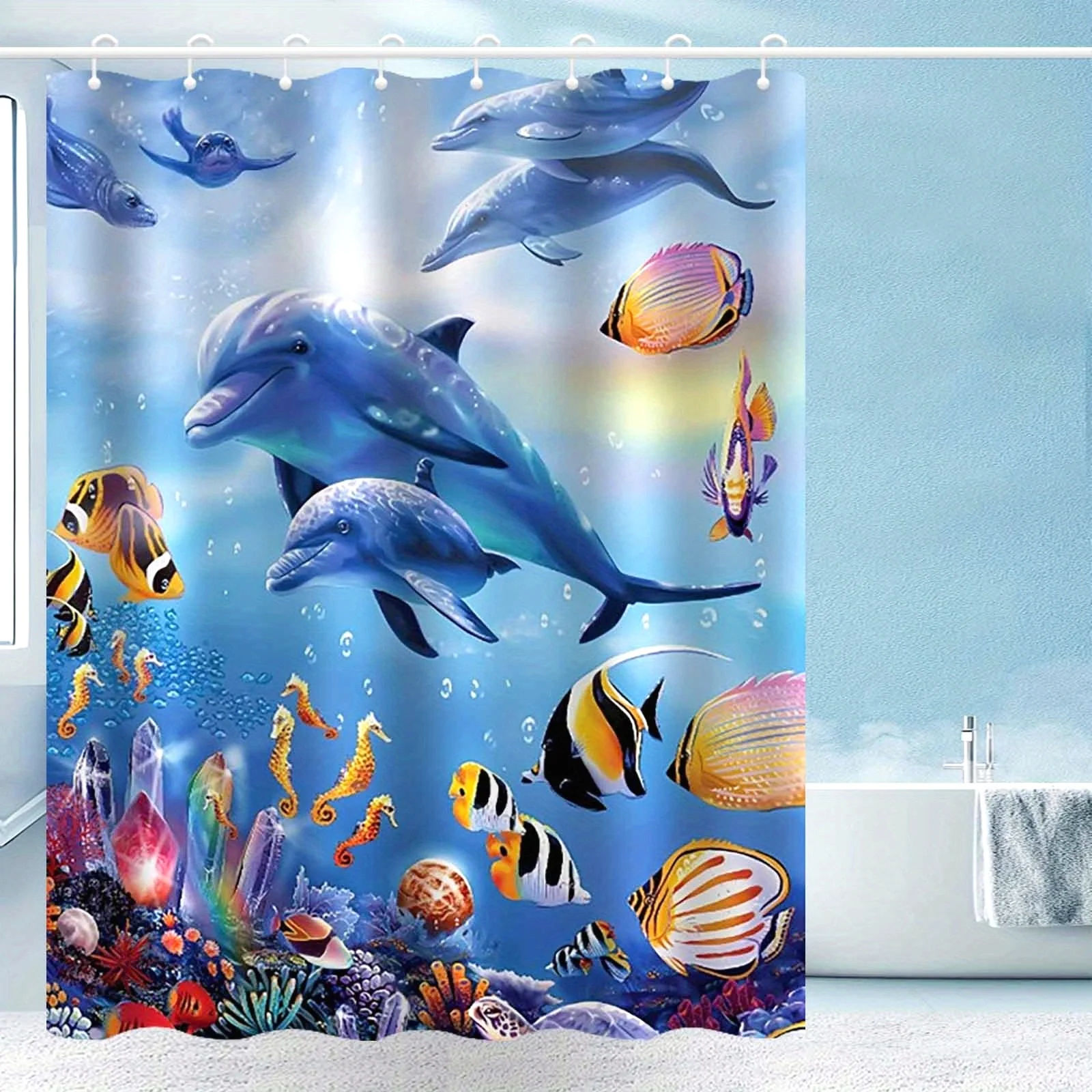 

3D Dolphin Shower Curtain, Colorful Ocean Fish Print, Underwater World Bathroom Decor, Waterproof Polyester Fabric with Hooks