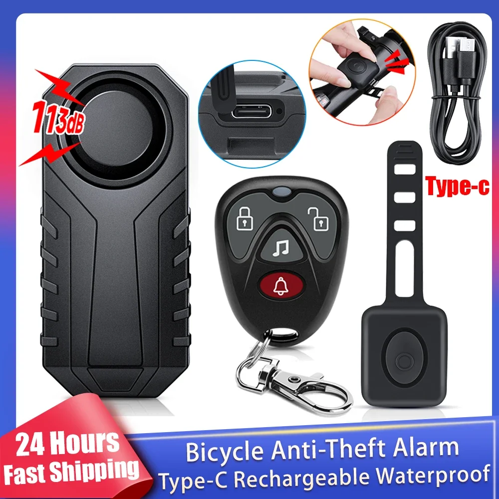 New Bicycle Alarm Type-C Rechargeable 113dB Bike Alarm System Horn IP65 Waterproof 7 Levels Sensitivity 3 Volume Adjustment