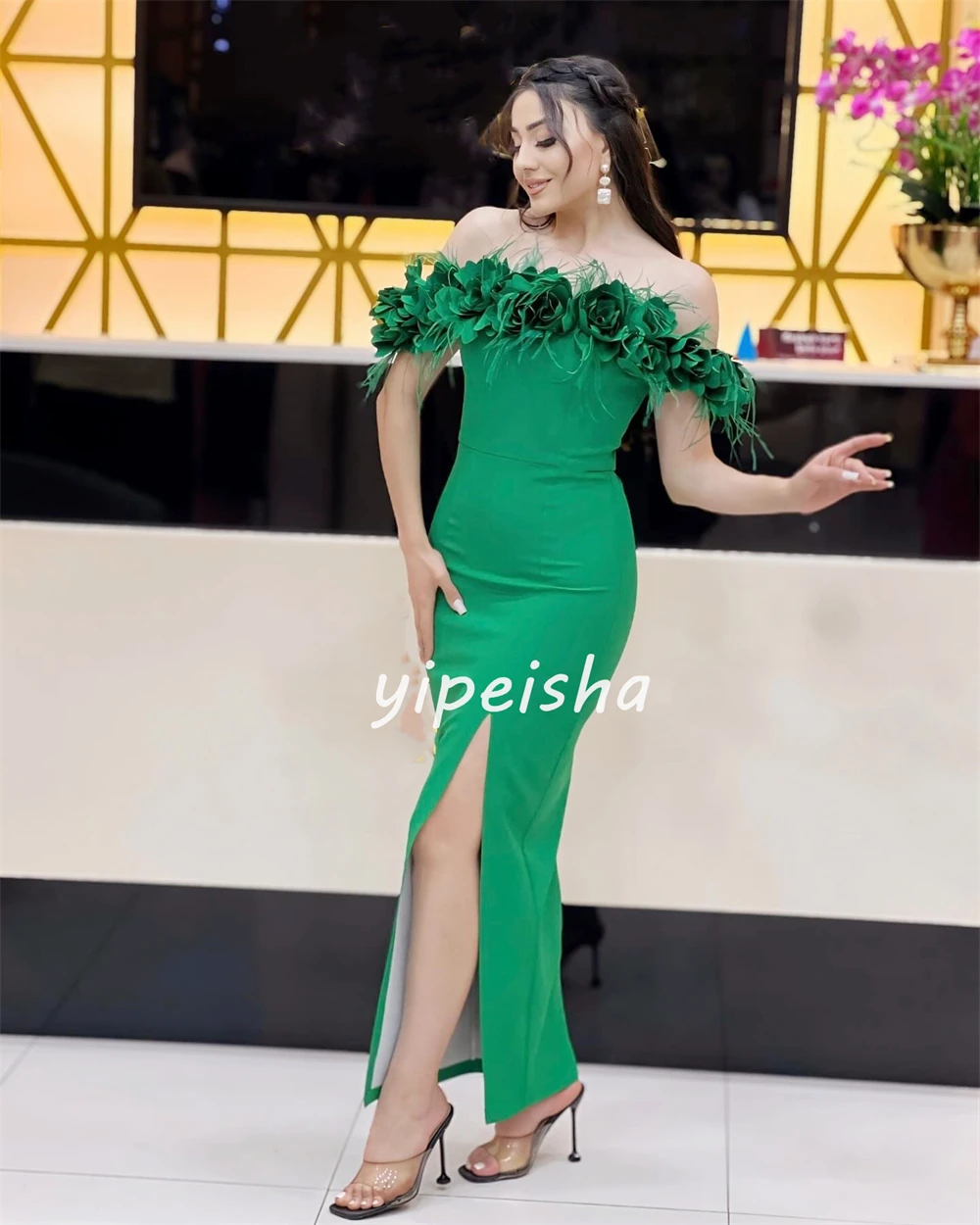 Jersey Flower Feather Ruched Celebrity A-line Off-the-shoulder Bespoke Occasion Gown Midi Dresses