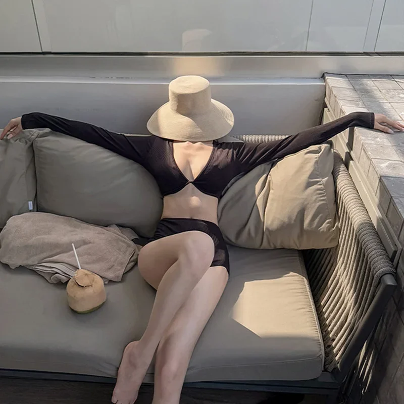 2025 New Women's One-Piece Long Sleeve Bikini Sensation High-End Black Slimming Tummy Covering Small Chest with Chest Pad Hot Sp