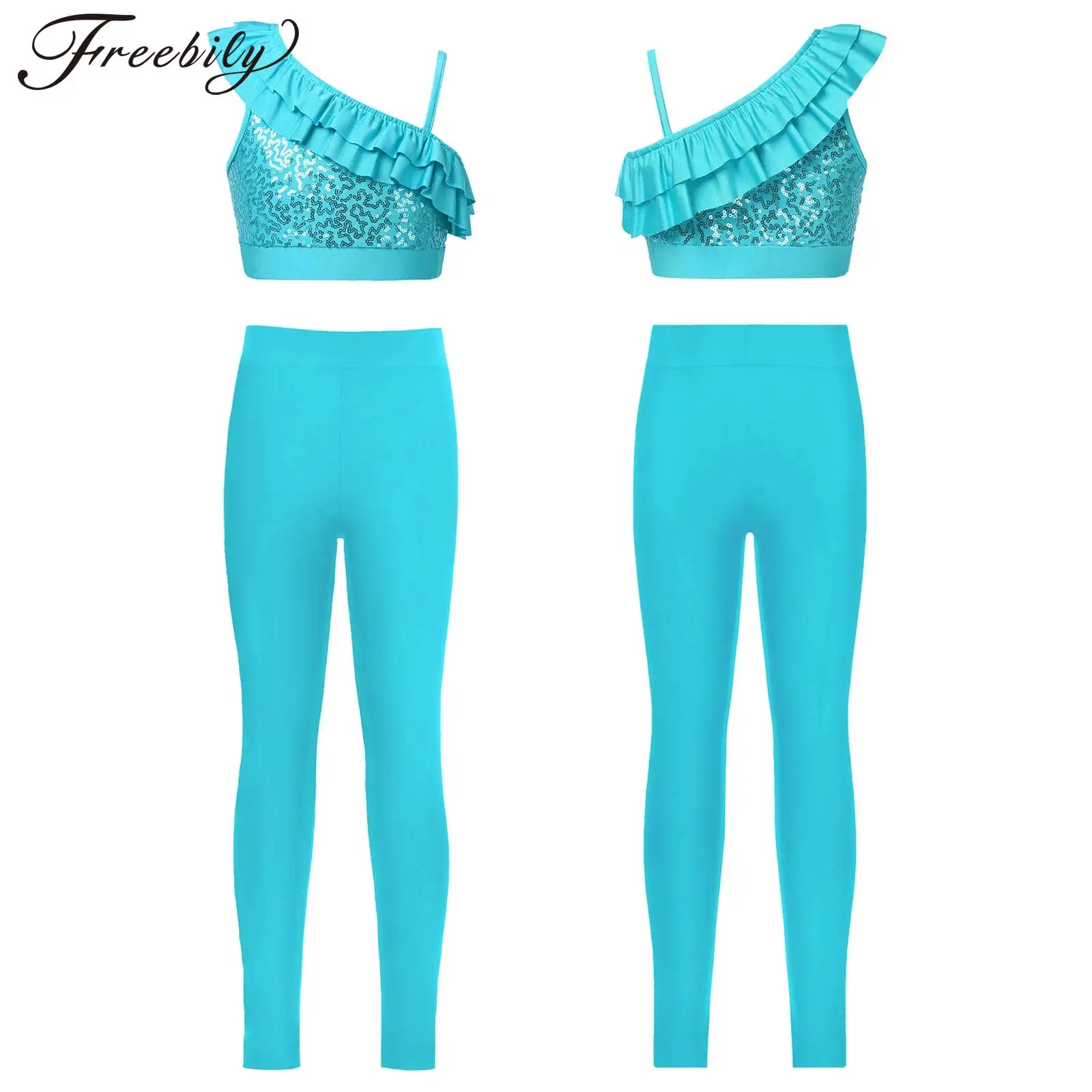 Kids Girls Ballet Dance Gymnastics Costume Sleeveless Shiny Sequin Ruffle Crop Top with Leggings Skating Yoga Workout Dancewear