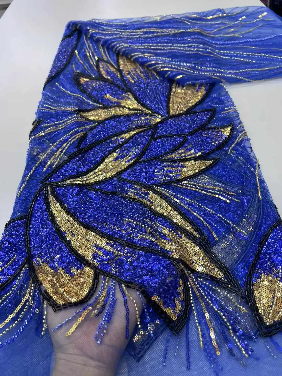 

African Beaded Lace Fabric 2025 High Quality Lace French Nigerian Groom Sequins Lace Fabrics For Wedding Party Dresses Sewing