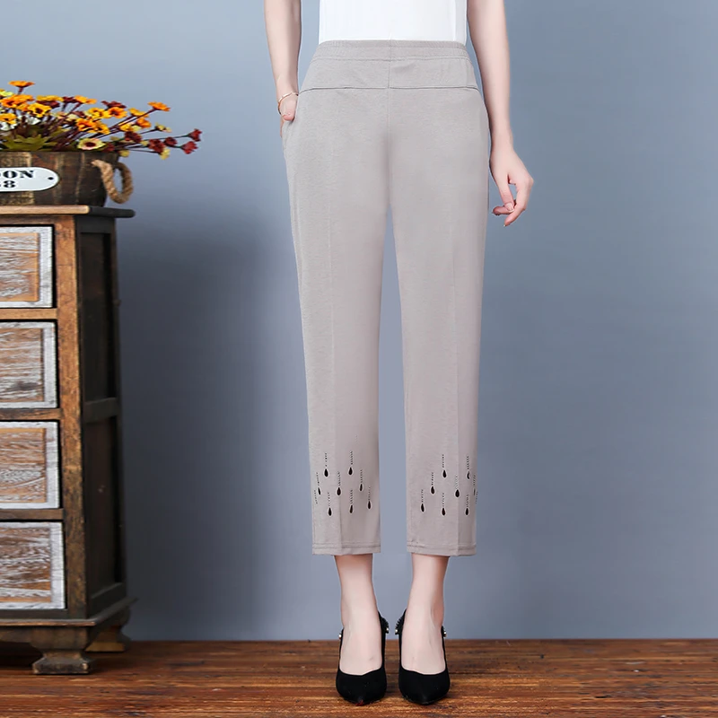 Nuevos pantalones de verano para mujer, pantalones informales elásticos de cintura alta, pantalones para mamá de mediana edad, Pantalones rectos de seda helada de talla grande para mujer 8XL