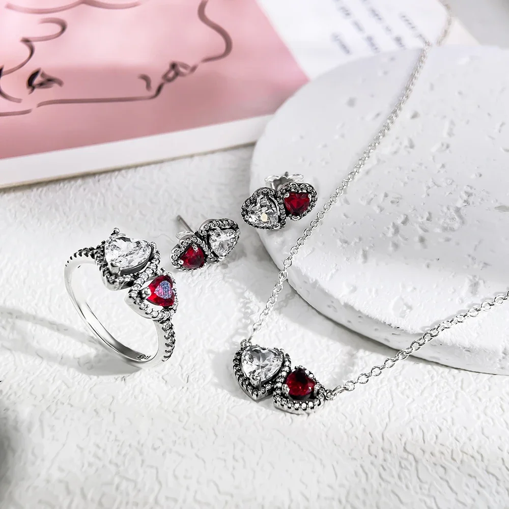 New Silver S925 Shiny Red Heart-shaped Jewelry Sets Double Heart Classic Ring Necklace Earrings Luxury Jewelry Gifts for Women