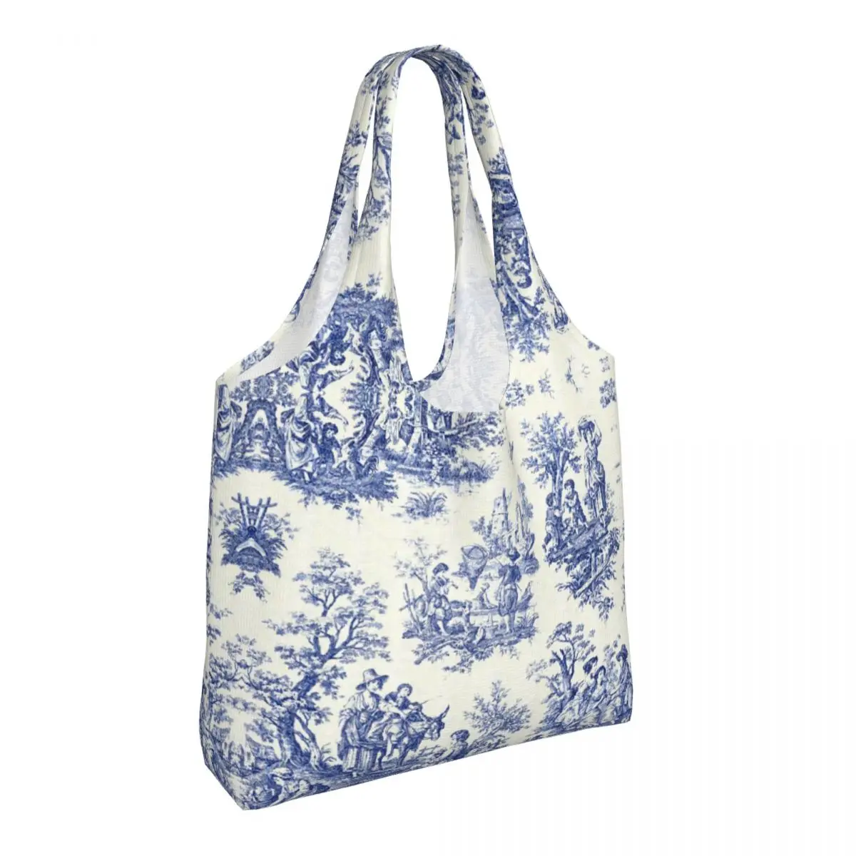 Custom French Navy Blue Toile De Jouy Motif Shopping Bag Canvas Shoulder Tote Bag Portable Traditional Groceries Shopper Bags