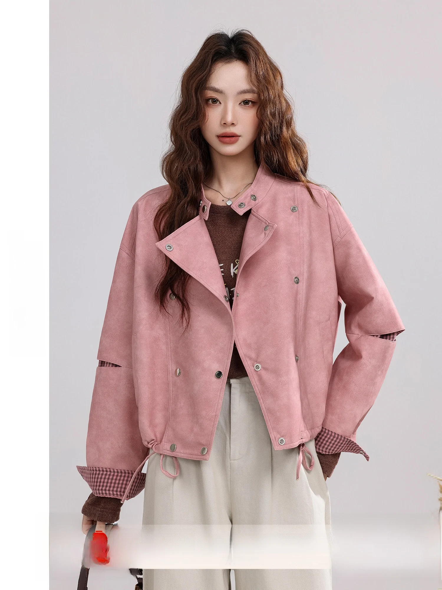 Merchinc スノープラム スタンドカラー モーターサイクルスタイル スエード ショートジャケット 2025年秋新作 チェック柄レザーコート レディースファッション