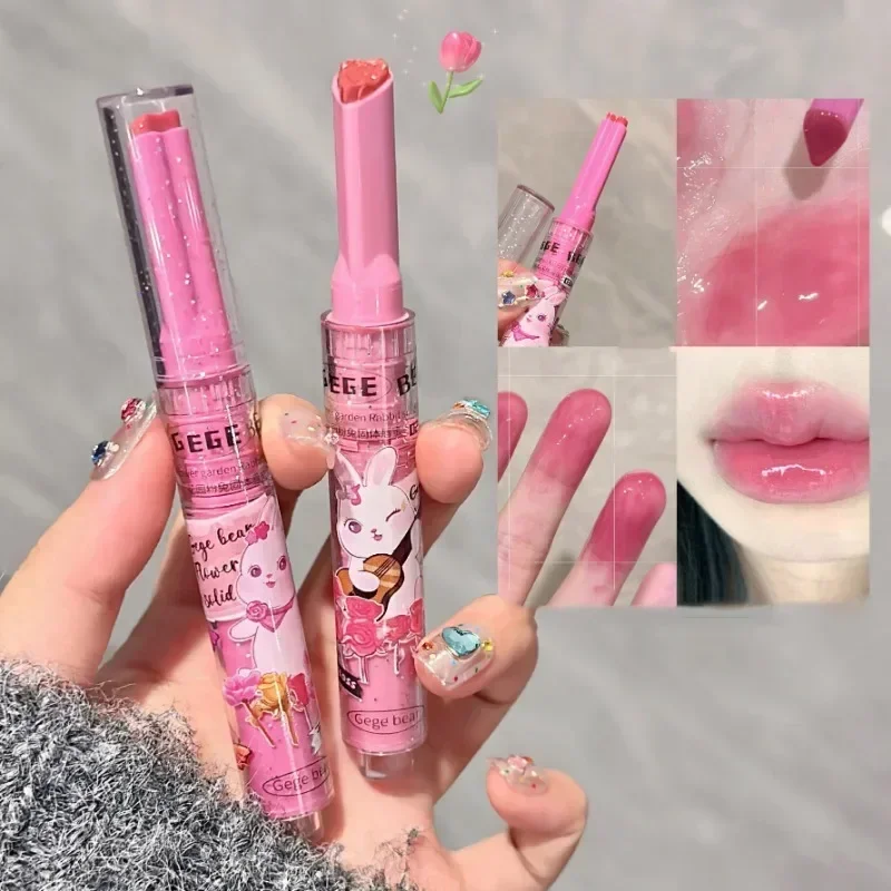 Brillo de labios sólido transparente con purpurina, lápiz labial de espejo rosa, tinte de labios hidratante de gelatina acuosa, forma de corazón de amor, Juego de 3 piezas