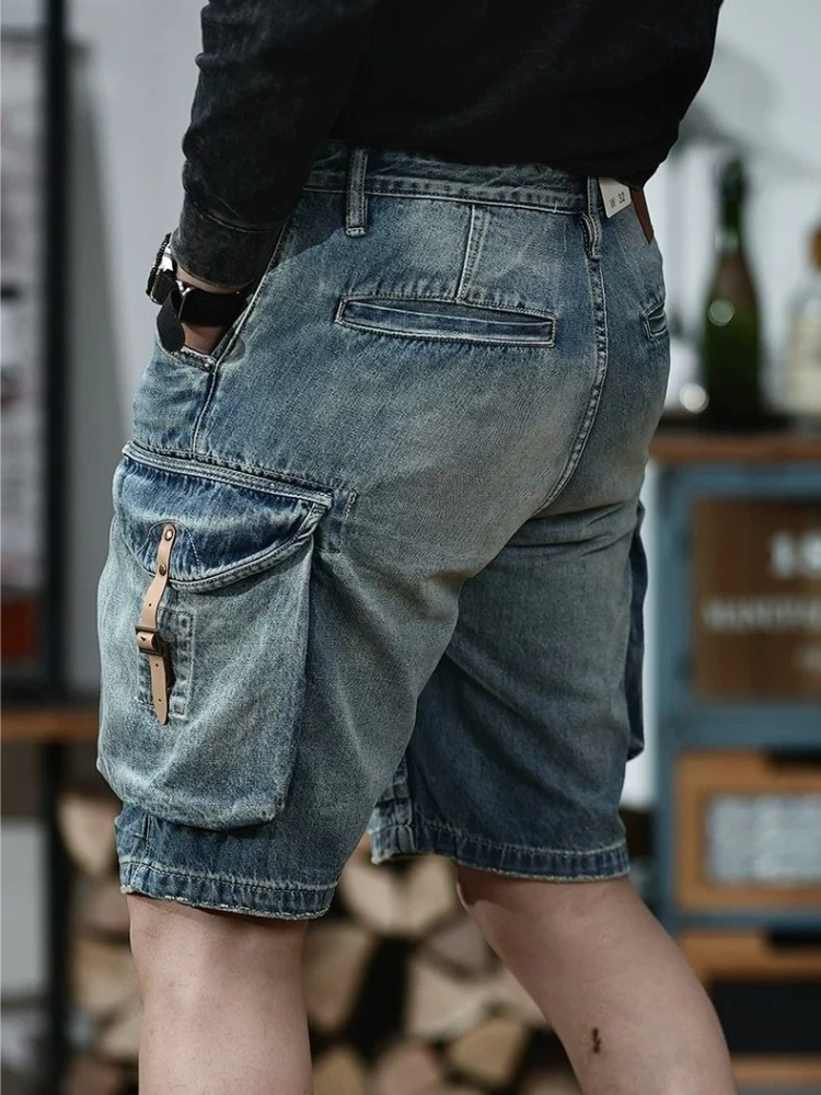

Vintage Style Men's Denim Shorts 1970s American Workwear Inspired Summer Mid-Length Contrast Color Trendy Knee-Length Casual