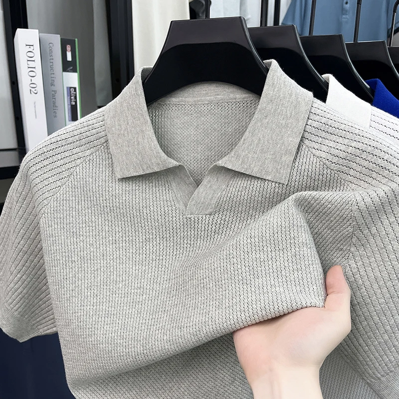 Flip Collar Seagull Collar Vintage Style Polo Shirt Men's Short Sleeved Knitted Breathable Summer Casual Versatile Top