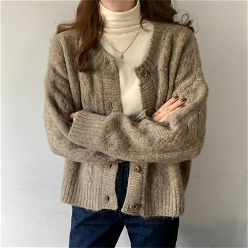 

Korean Vintage High Stretch O-Neck Sweater Jacket Solid Single Breasted Cardigan Women Autumn Street Style Short Knitted Tops