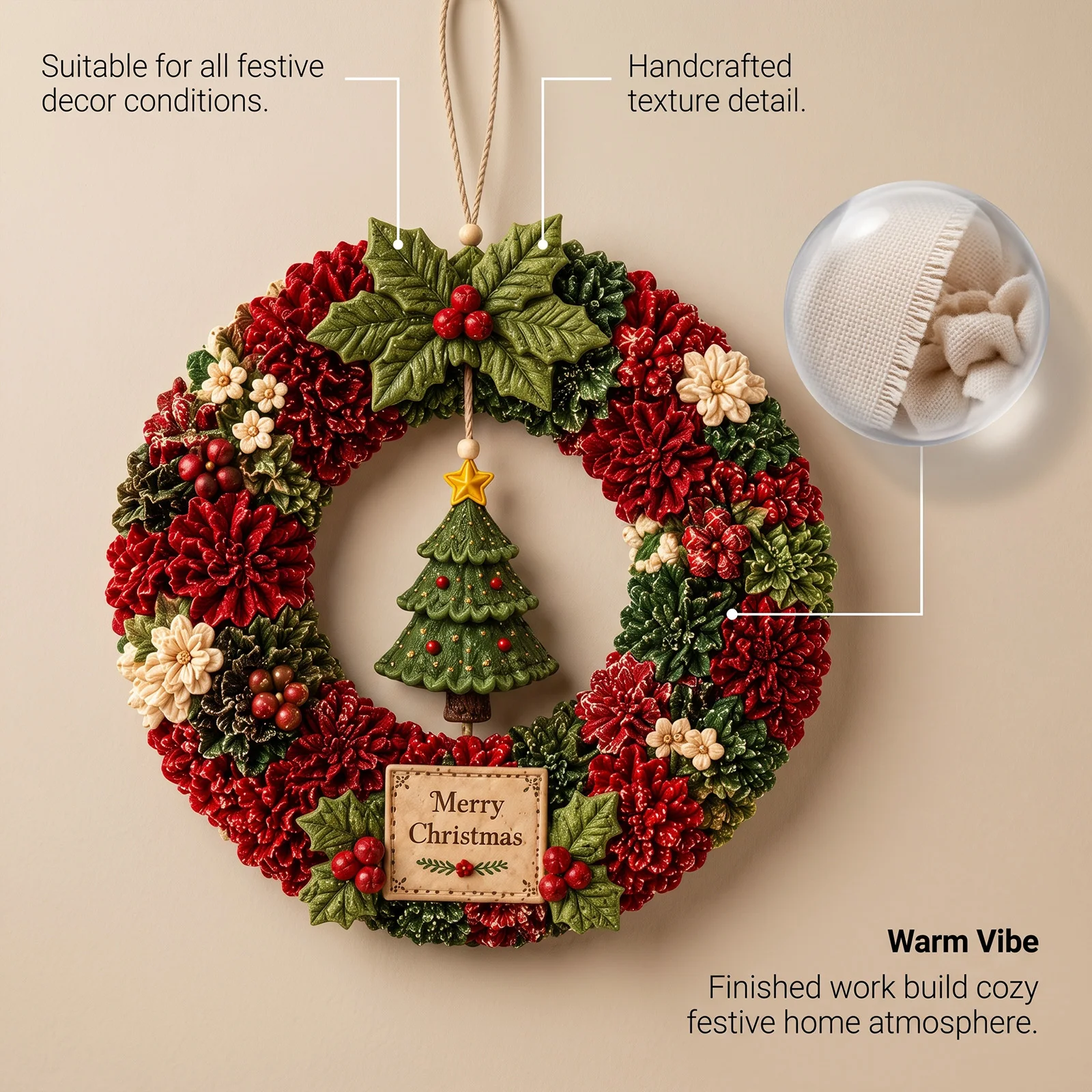 3D Punch-Nadel-Kranz-Bastelset, sortiertes Baumwollgarn, für Anfänger, DIY, Weihnachts- und Heimdekoration, Wandbehang, Ornamente, Geschenkset für die Feiertage – Detail 5