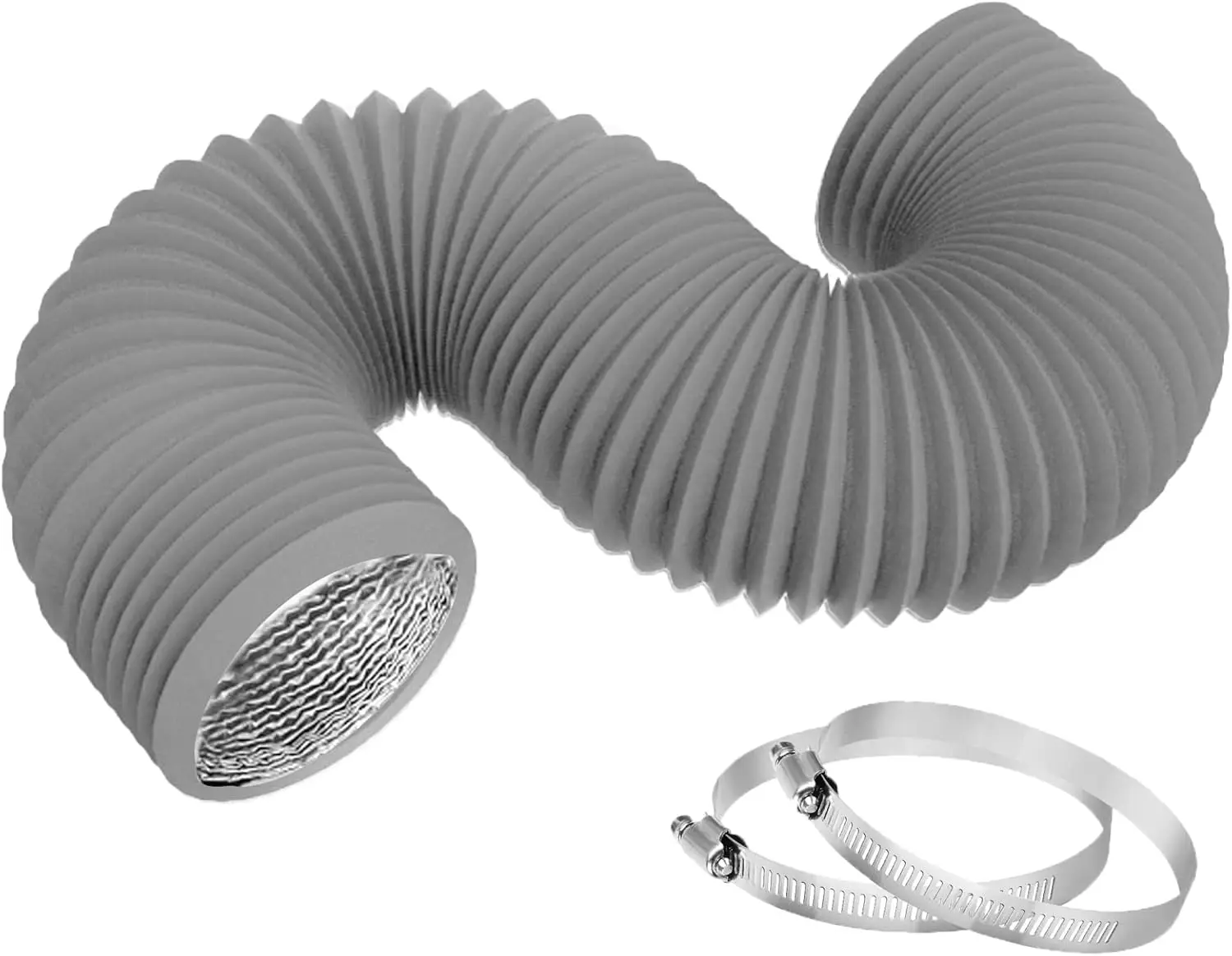 

4 Inch 8FT Dryer Vent Hose, Flexible Insulated Air Ducting with 2 Clamps for HVAC Ventilation, Grey