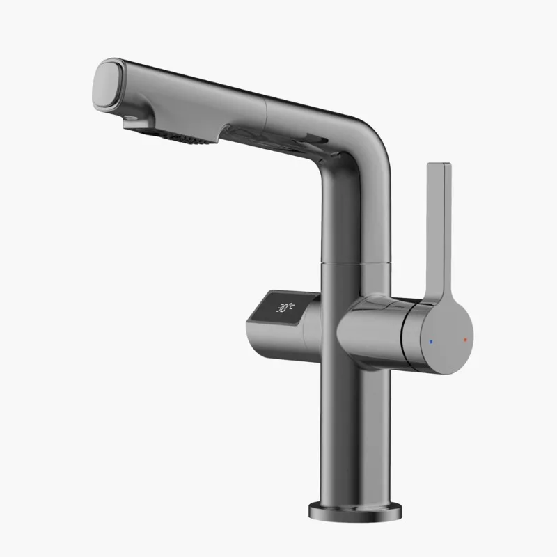 

Gun gray washbasin faucet, hot and cold water hand washing basin digital display single hole single handle, lifting and rotating