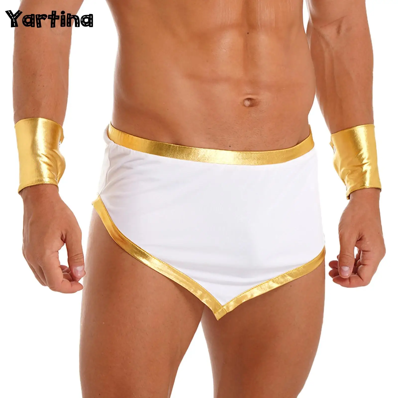 

Mens Gladiator Warrior Roleplay Outfit Ancient Greek God Roman Toga Lingerie Cosplay Costume Trim Irregular Hem Skirt with Cuffs