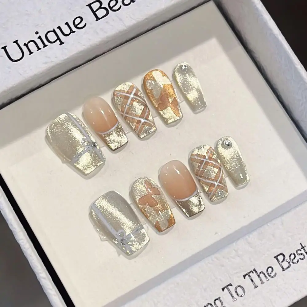 

10 шт. блестящие легкие роскошные накладные ногти во французском стиле, милые съемные накладные ногти с бабочкой и сеткой «кошачий глаз» для девочек