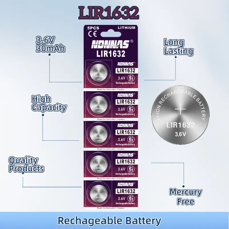 

5-100PCS LIR1632 3.6V Rechargeable Lithium Rechargeable Battery Replace CR1632 For Watch Remote Control Camera Clock Calculator