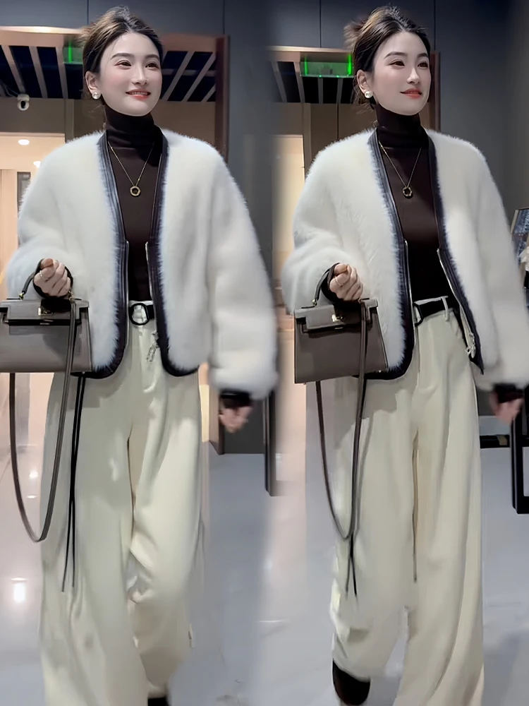 Ele Jaet feminino de pele sintética, emagrecimento, couro e pele inteiros de alta altura, calor de inverno, cor com zíper V-Ne