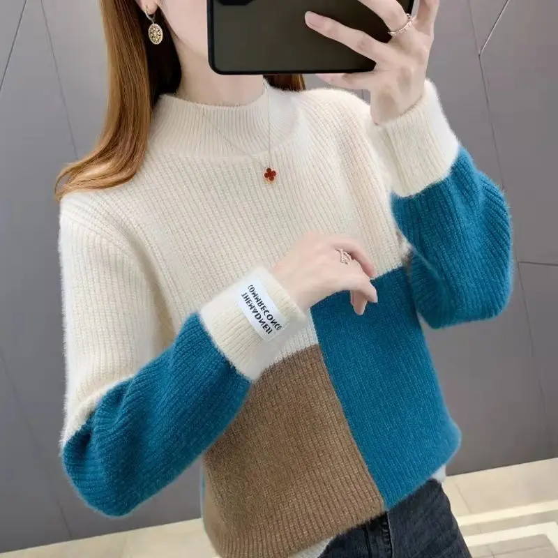 

Pullovers 2023 winter semi -high -necked color matching sweater women's loose outside wearing net red explosion bottom shirt top