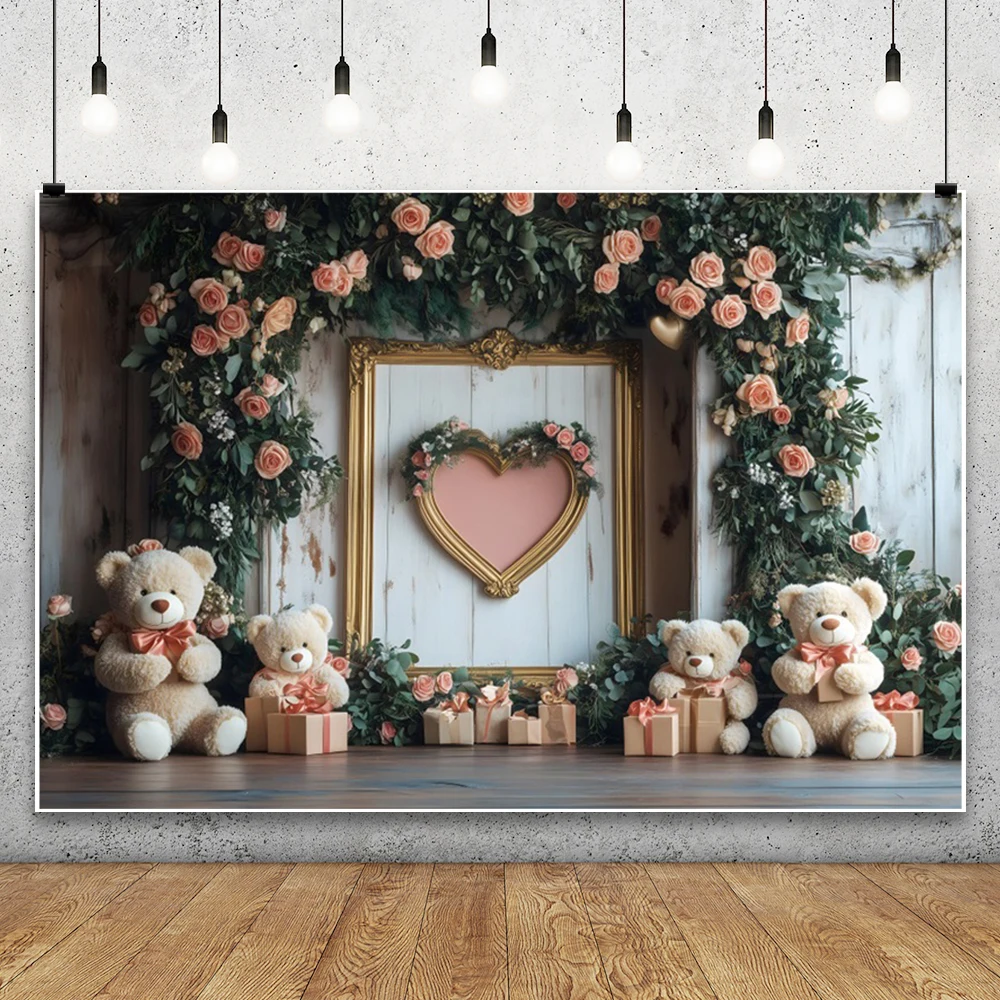 สุขสันต์วันวาเลนไทน์พื้นหลังการถ่ายภาพสีแดง Rose ดอกไม้ตุ๊กตาหมีบอลลูนตกแต่งในร่มเด็กคนรักภาพฉากหลัง