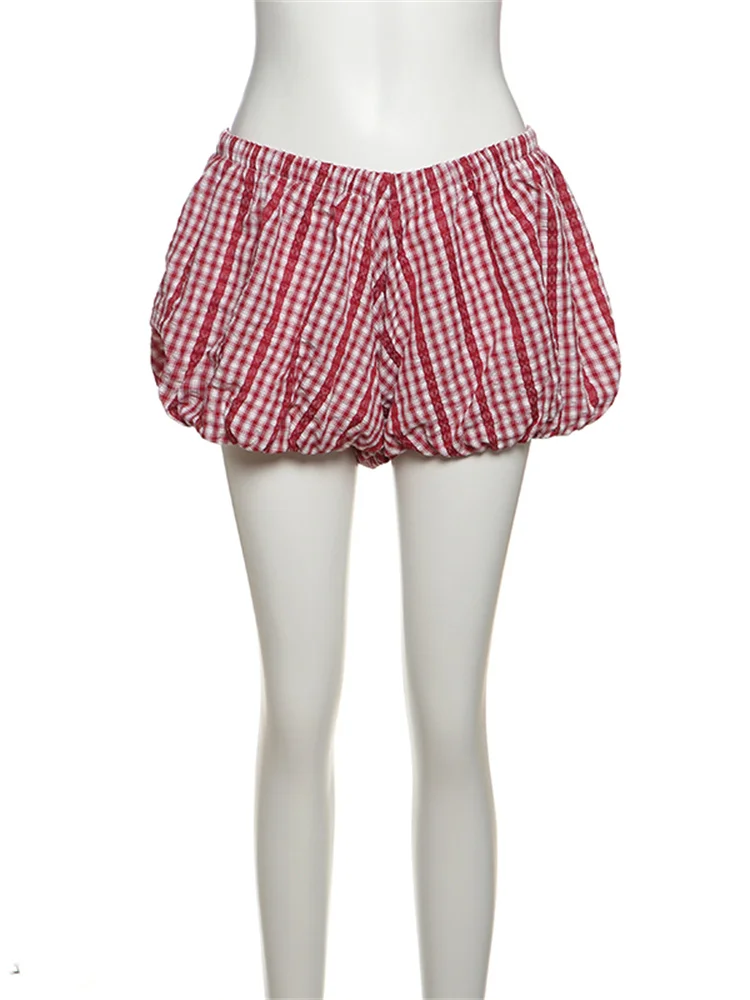 Macheda Y2K スイートスタイル 2 点セット女性ストライププリント包帯ホルターレースローネック背中の開いたベスト + シャーリングふわふわ裾ショーツスーツ