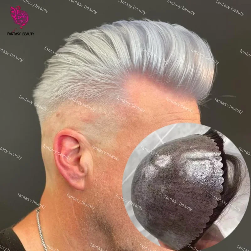 

1b65 1b80 Gray Male Hair Prosthesis 0.1mm Ultra Thin PU Invisible Hairline Men Toupee For Old Man human hair Capillary Prosthesi