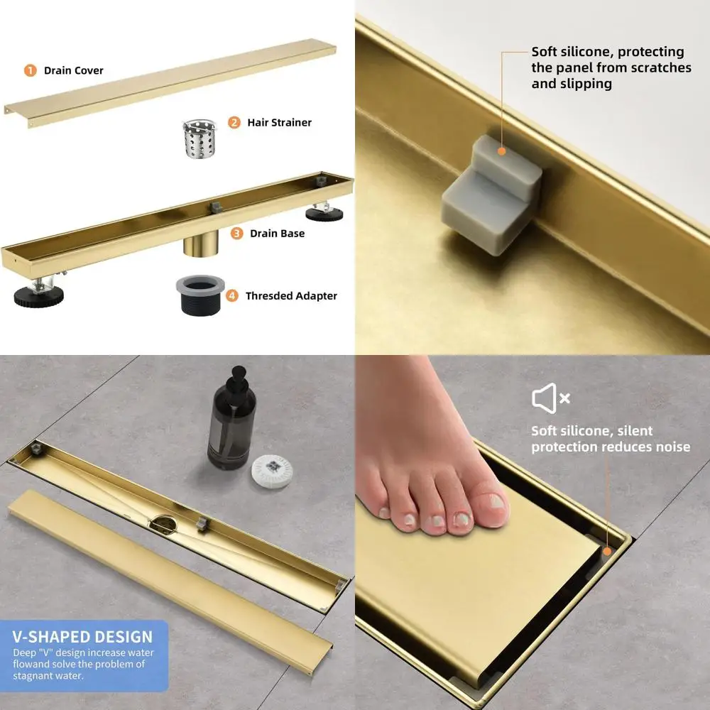 

24 Inch Brushed Gold 304 Stainless Steel Shower Floor Drain with Tile Insert and Hair Catcher