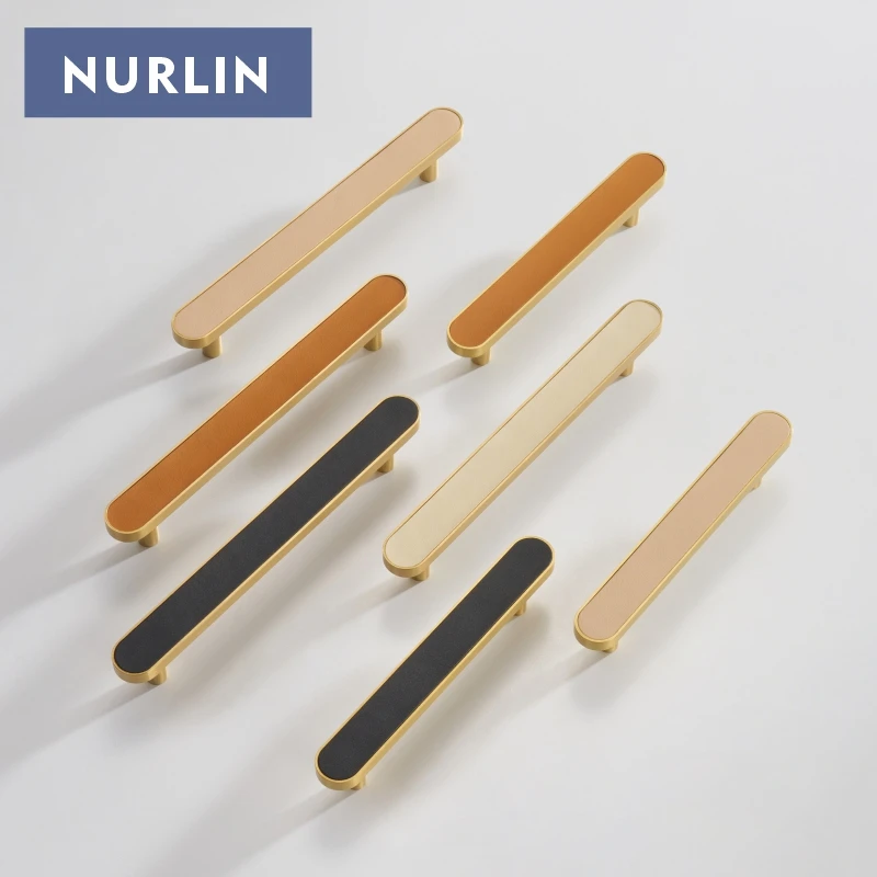 Nurlin Brass Cow Leather Furniture Handles Circle Long Shaped Wardrobe Luxurious Cabinet Knobs Door Pull Multiple Sizes