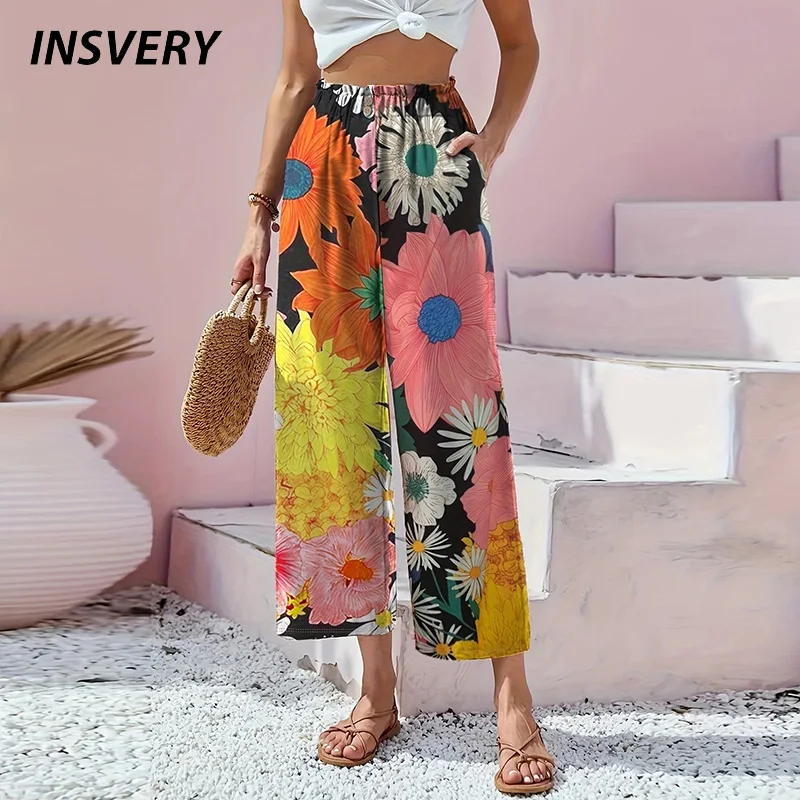 

Summer Women Vintage Printed Pants Elastic Waist Loose Wide Leg Pants For Women Casual Trousers 2024