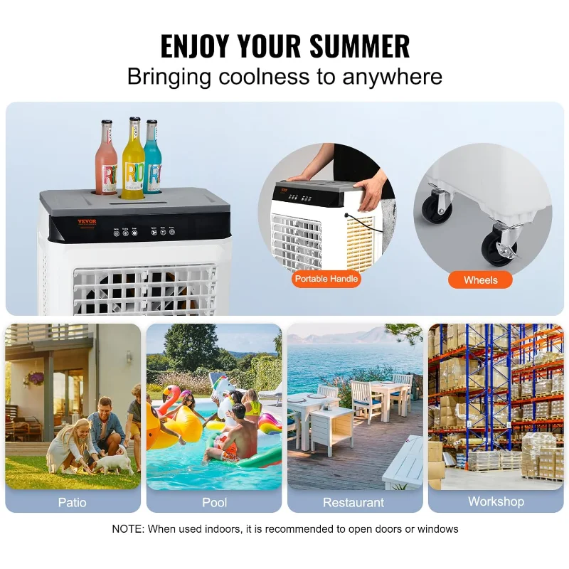 مبرد الهواء التبخيري VEVOR، مبرد مستنقع 120 وات 2100CFM مع خزان مياه سعة 7 جالون، مؤقت 12 ساعة، 3 أوضاع وسرعات وترطيب محمول