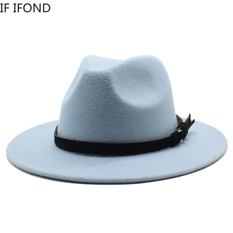 Gangster Trilby Felt Fedora Hat European American Wide Brim Top Jazz Caps Women Men Wool White Wedding Hat 56-58-61CM